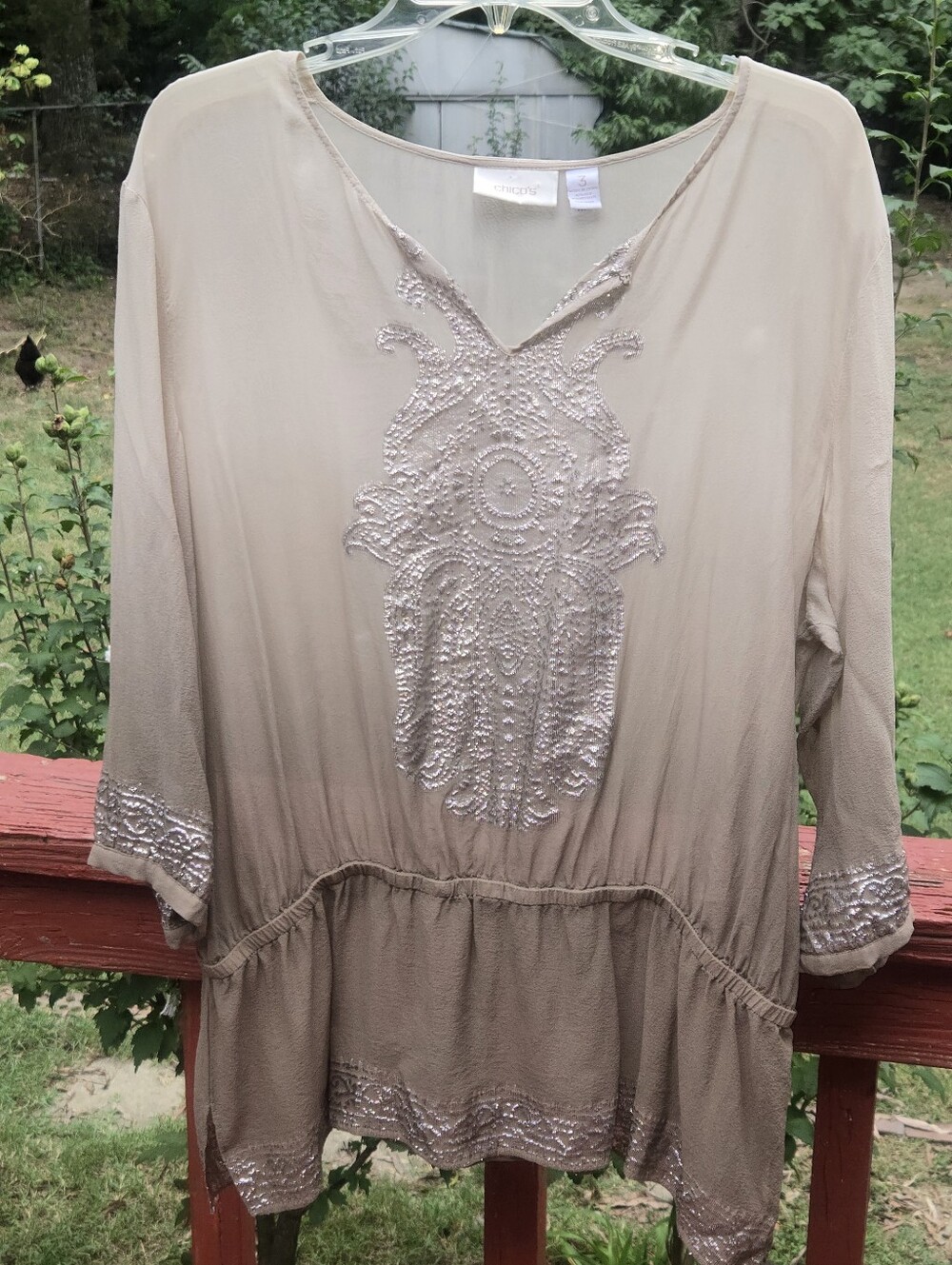Chico's Embroidered Taupe Blouse - Women Tops
